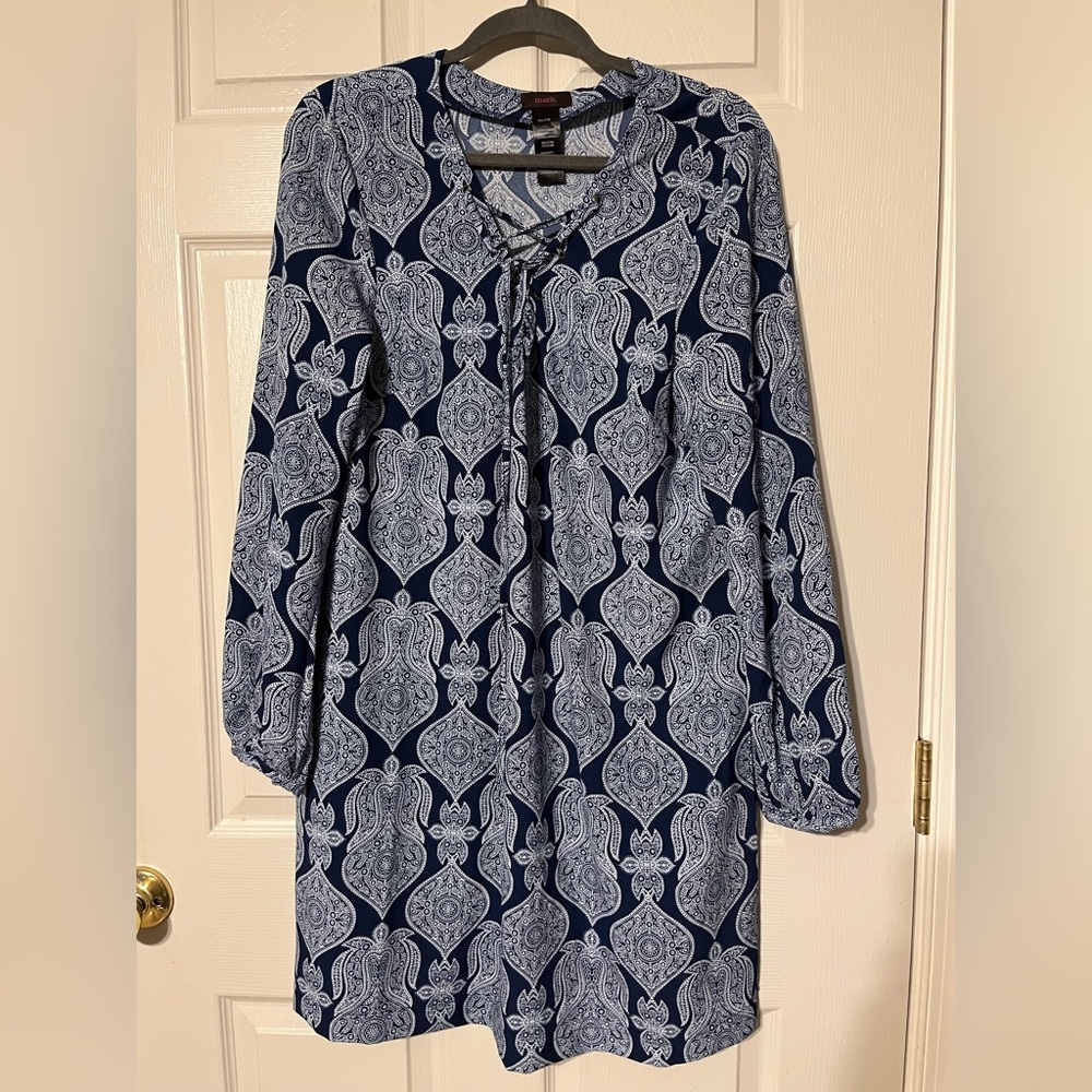 mark. Long Sleeve Laceup Dress in Navy and White XXLarge